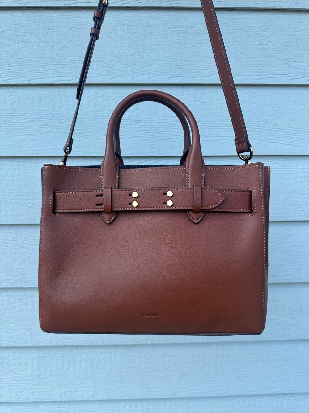 Fossil Chestnut Brown Leather Tote with Strap